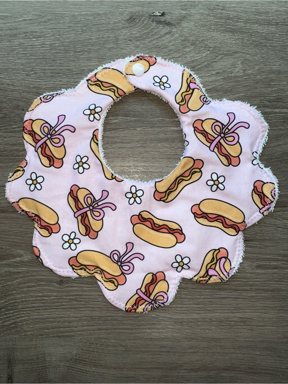 Baby Bib - Pink Hot Dog & Daisy Print Scalloped Bib